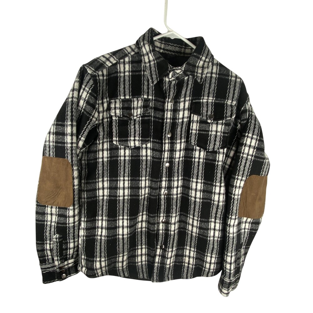 American Rag Jacket Mens Small Black Plaid Quilted Flannel Shacket Elbow Patches